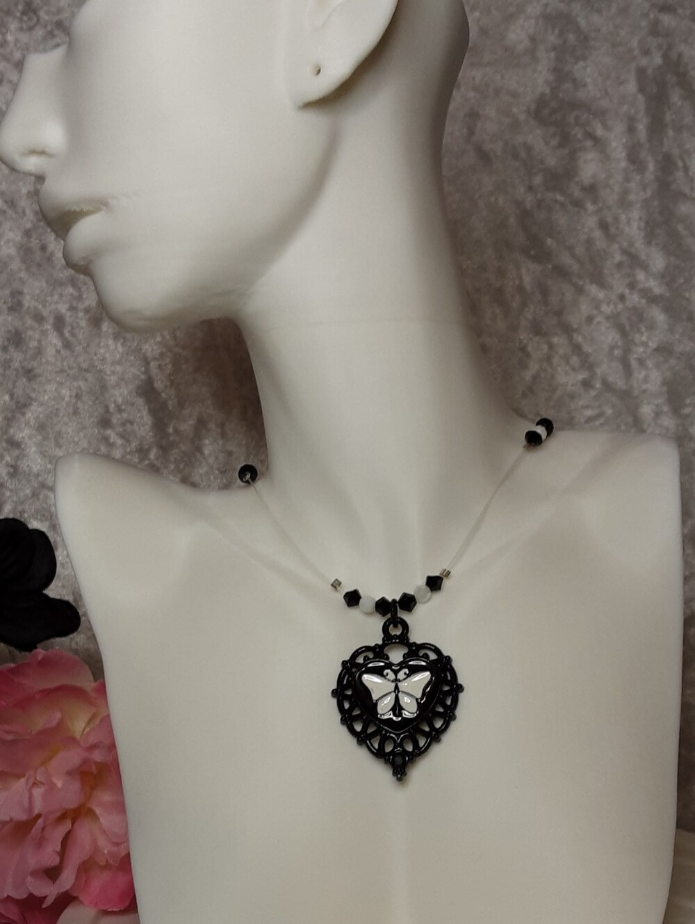 Handcrafted Black Heart Pendant Illussion Necklace with Enamel Butterfly Accent